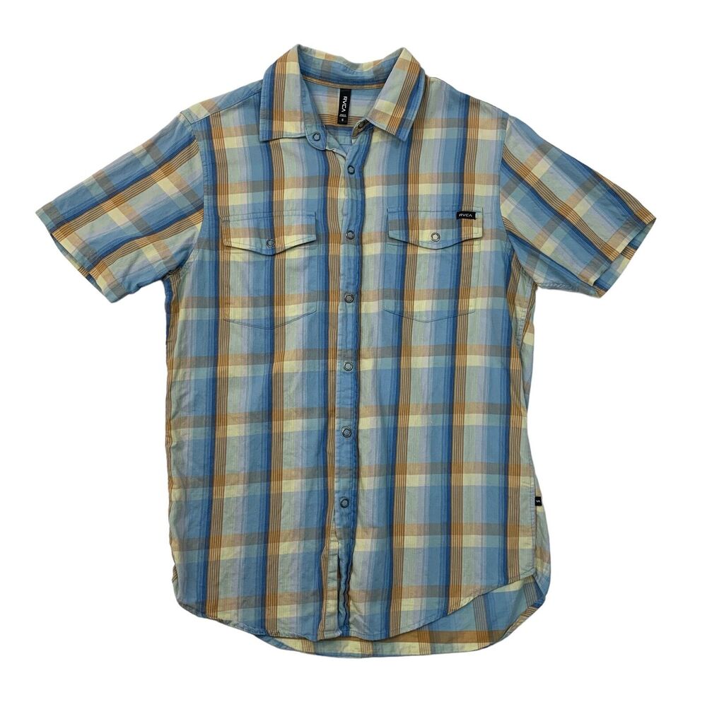 RVCA Shirt Mens S Small Blue Cotton Plaid Snap Button Western Chest Pockets